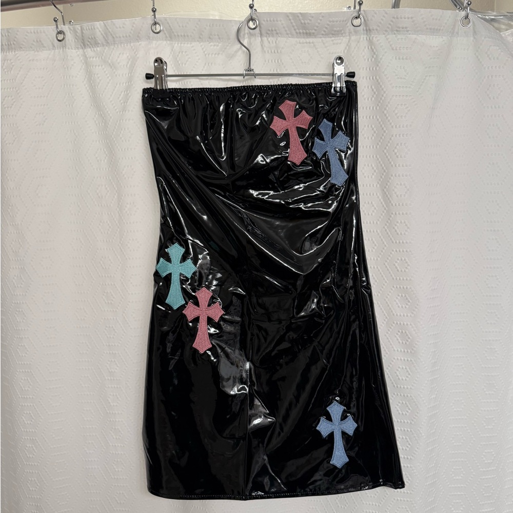 Black Latex Mini Dress with Cross Accents